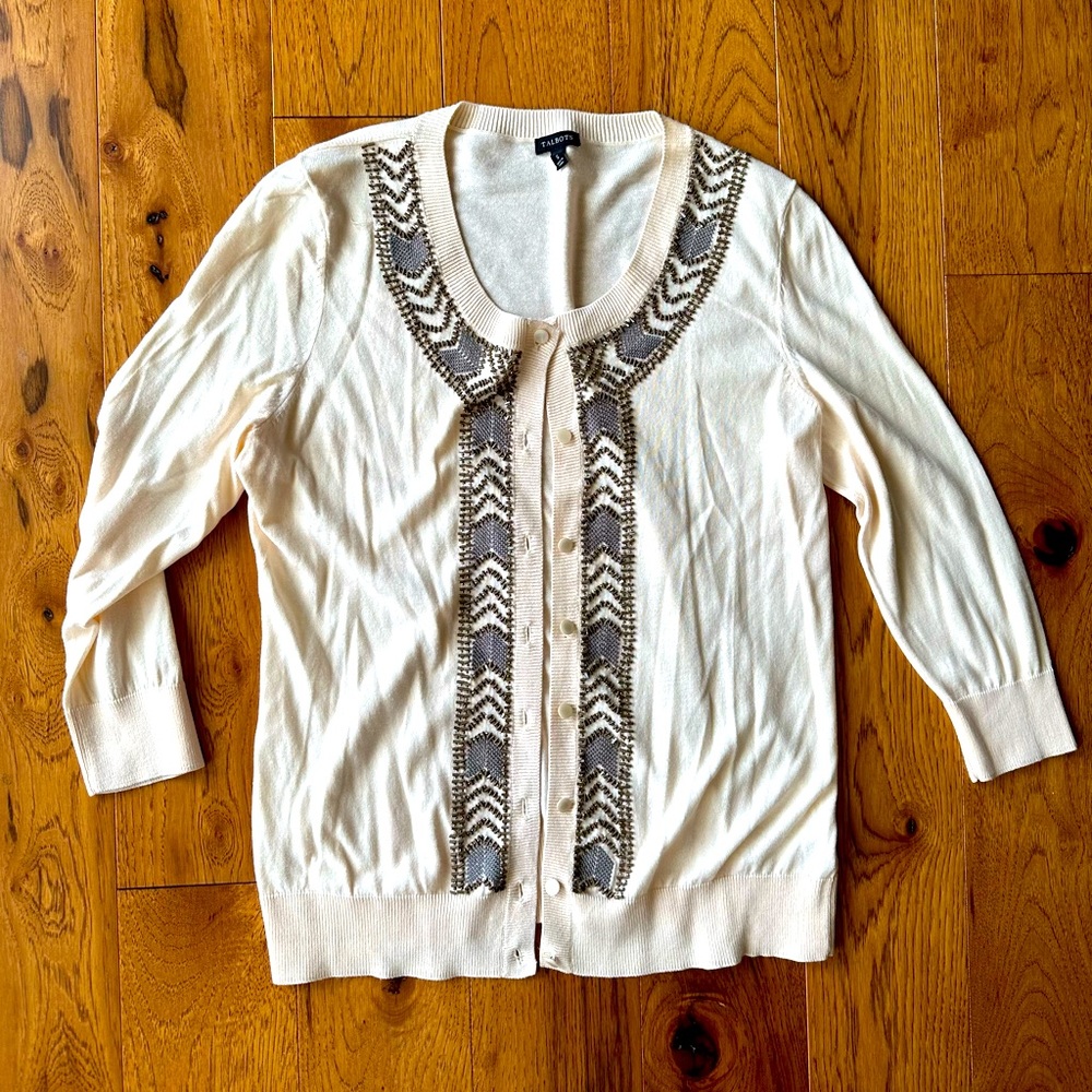 Women’s Talbots Beaded Embroidered Beige Off White Cardigan Size S